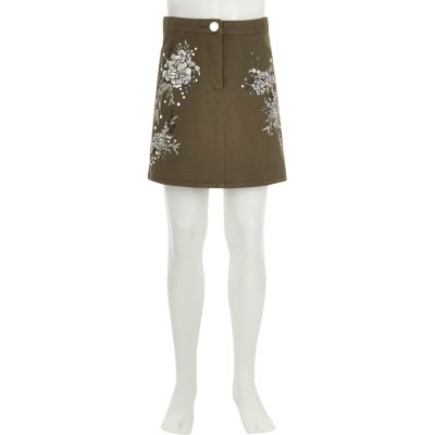 Girls khaki floral embroidered mini skirt